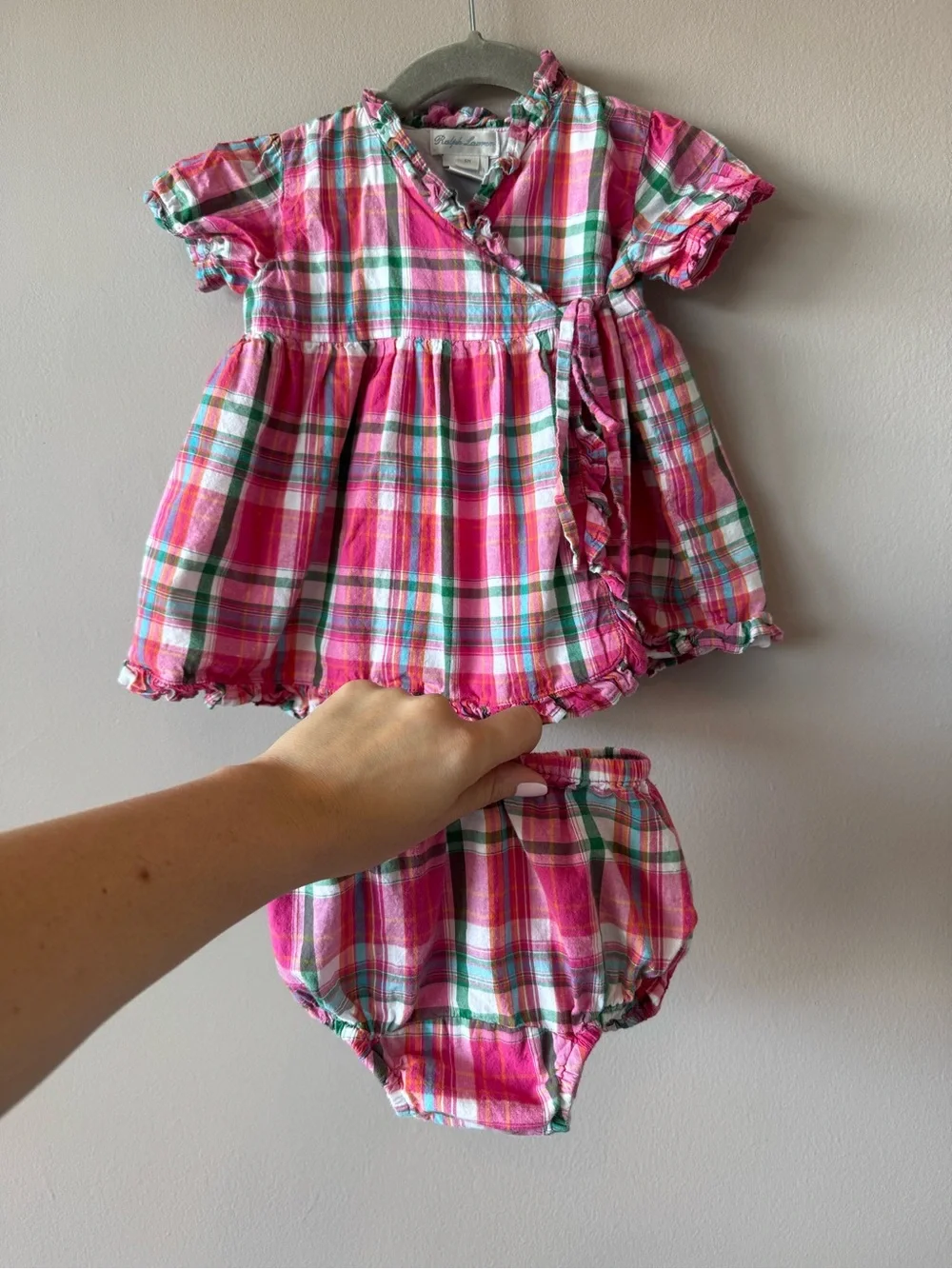 Ralph Lauren Baby Girls Pink Plaid Ruffled Wrap Dress & Bloomers Set 6 Months